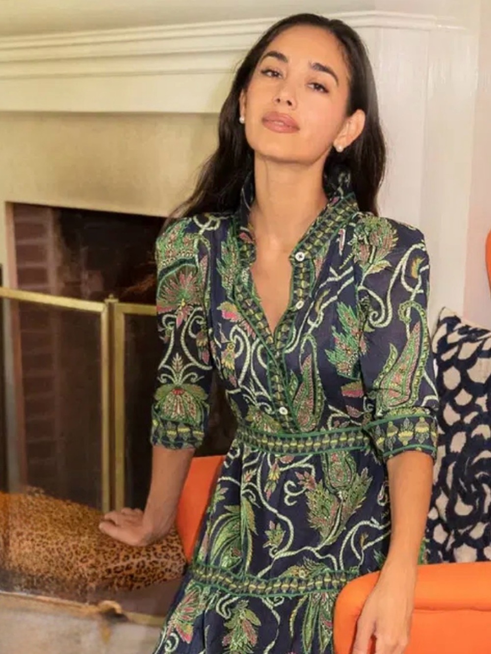 Gretchen Scott Designs Navy Paisley Midi Dress with Green Accents